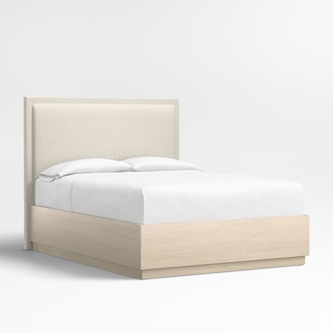Meraux 56" Natural Beige Upholstered Queen Headboard with Batten White Oak Storage Bed Base - Image 0