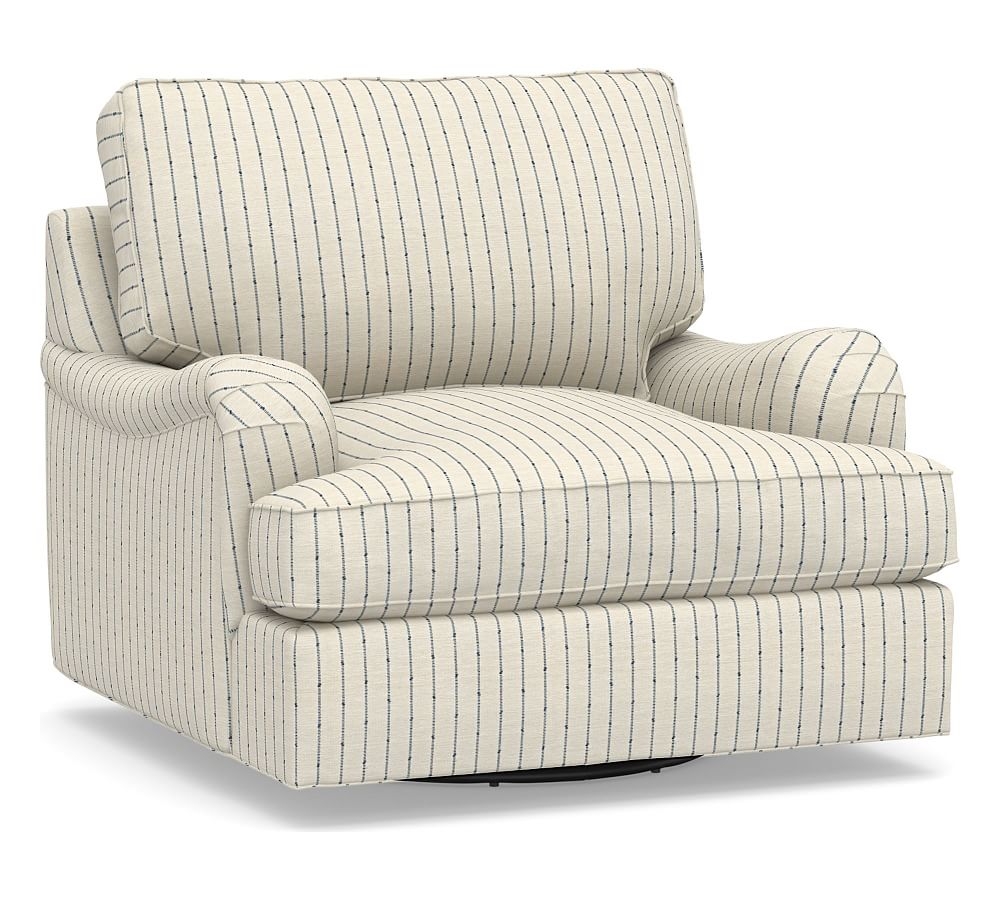 PB English Arm Upholstered Swivel Armchair, Polyester Wrapped Cushions, Slubby Pinstripe Blue - Image 0