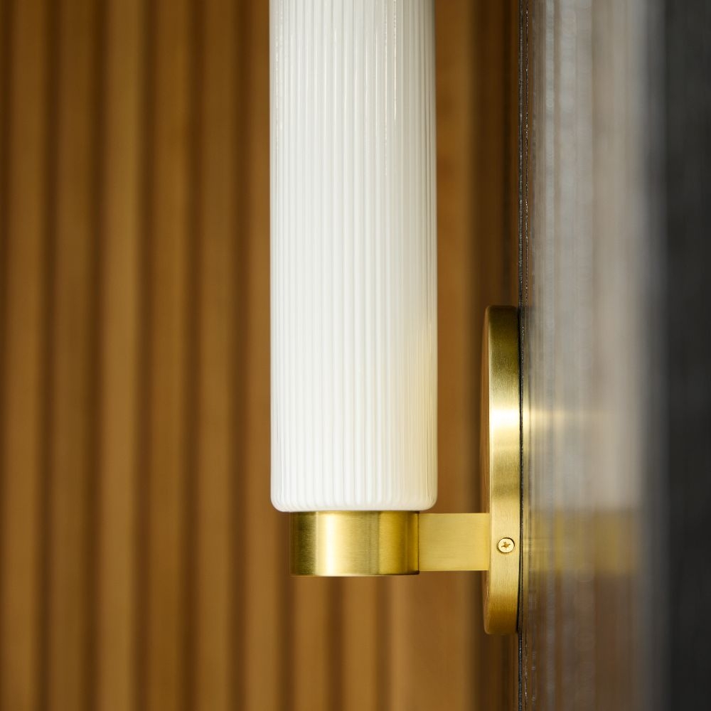 Fluted Outdoor Sconce, Milk Glass, Antique Brass, - Image 3