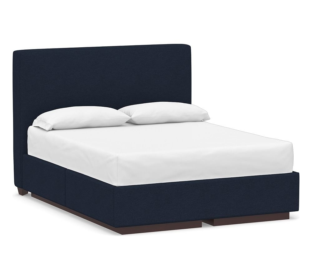 Big Sur Upholstered Headboard and Side Storage Platform Bed, King, Performance Heathered Basketweave Navy - Image 0