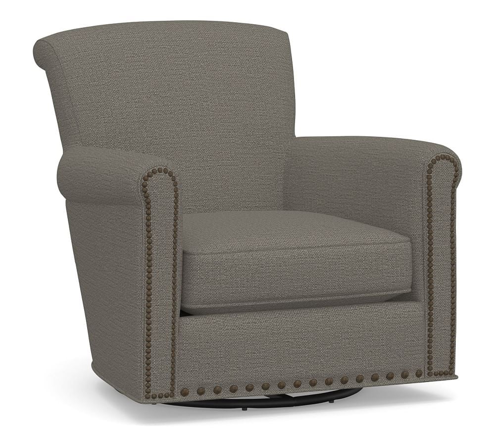Irving Roll Arm Upholstered Swivel Glider with Bronze Nailheads, Polyester Wrapped Cushions, Chunky Basketweave Metal - Image 0