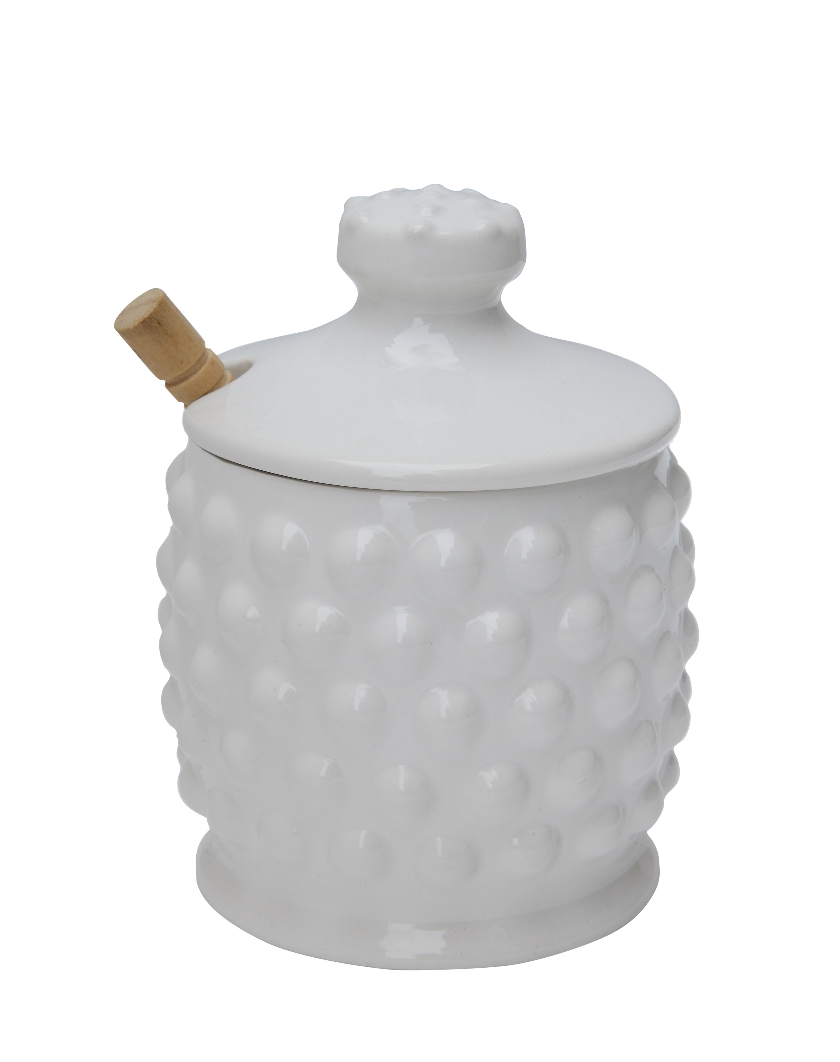 White Ceramic Hobnail Style Honey Jar with Lid & Wood Dipper (Set of 2 Pieces) - Image 0