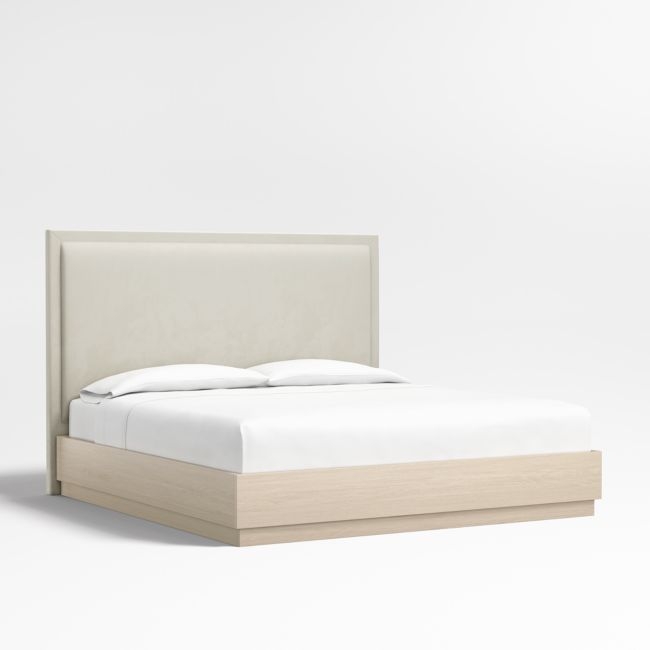 Meraux 56" Beige Upholstered Queen Headboard with Batten White Oak Bed Base - Image 0