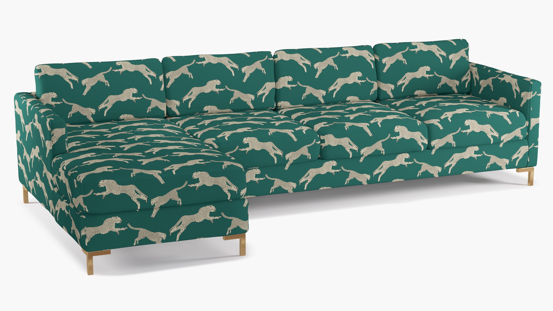 Modern Sectional, Left Facing, Polo Green Cheetah, Brass L Leg - Image 1