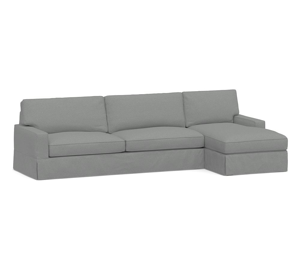 PB Comfort Square Arm Slipcovered Left Arm Sofa with Chaise Sectional, Box Edge, Memory Foam Cushions, Performance Brushed Basketweave Chambray - Image 0