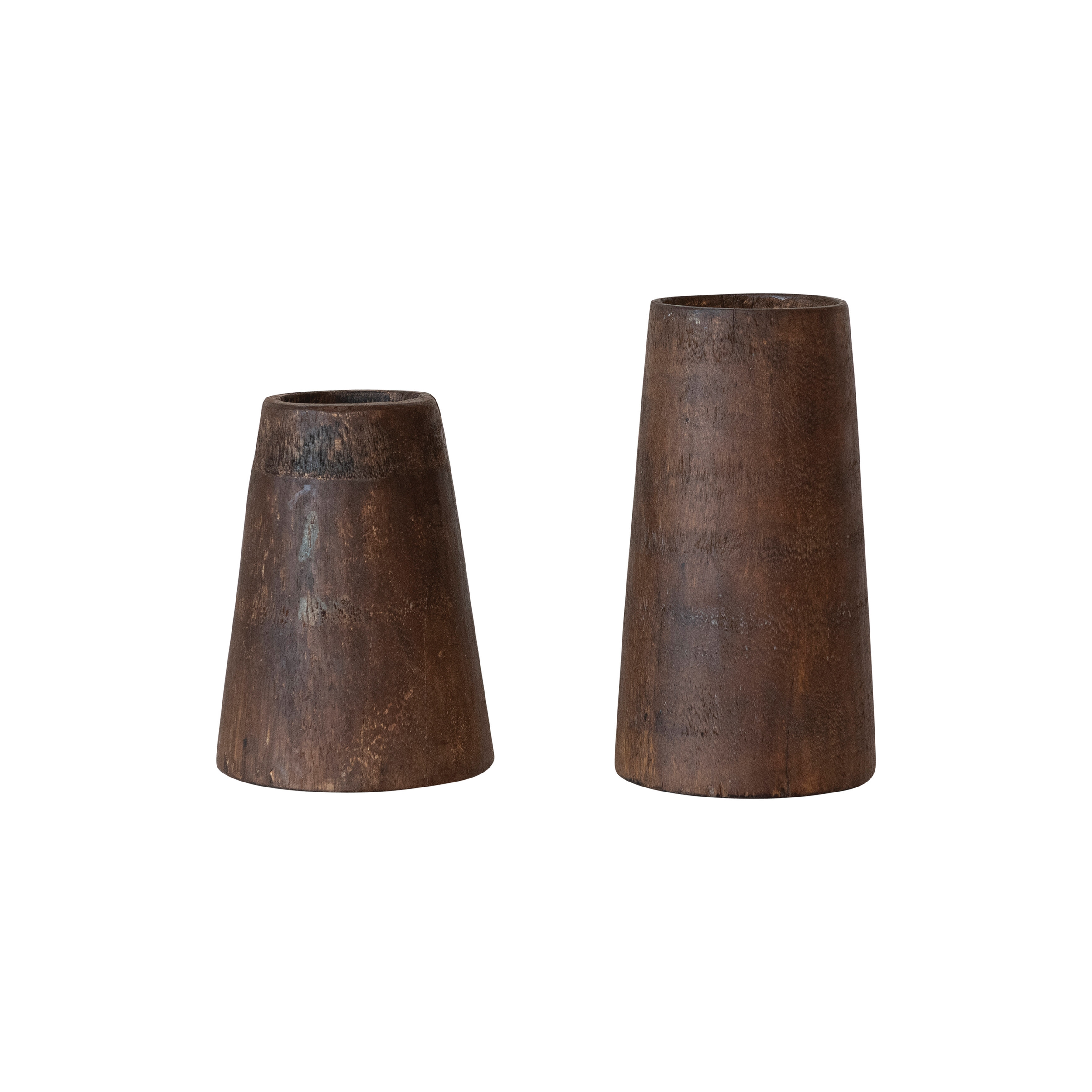 Round Reclaimed Wood Vases with Distressed Finish, Brown, Set of 2 - Image 0