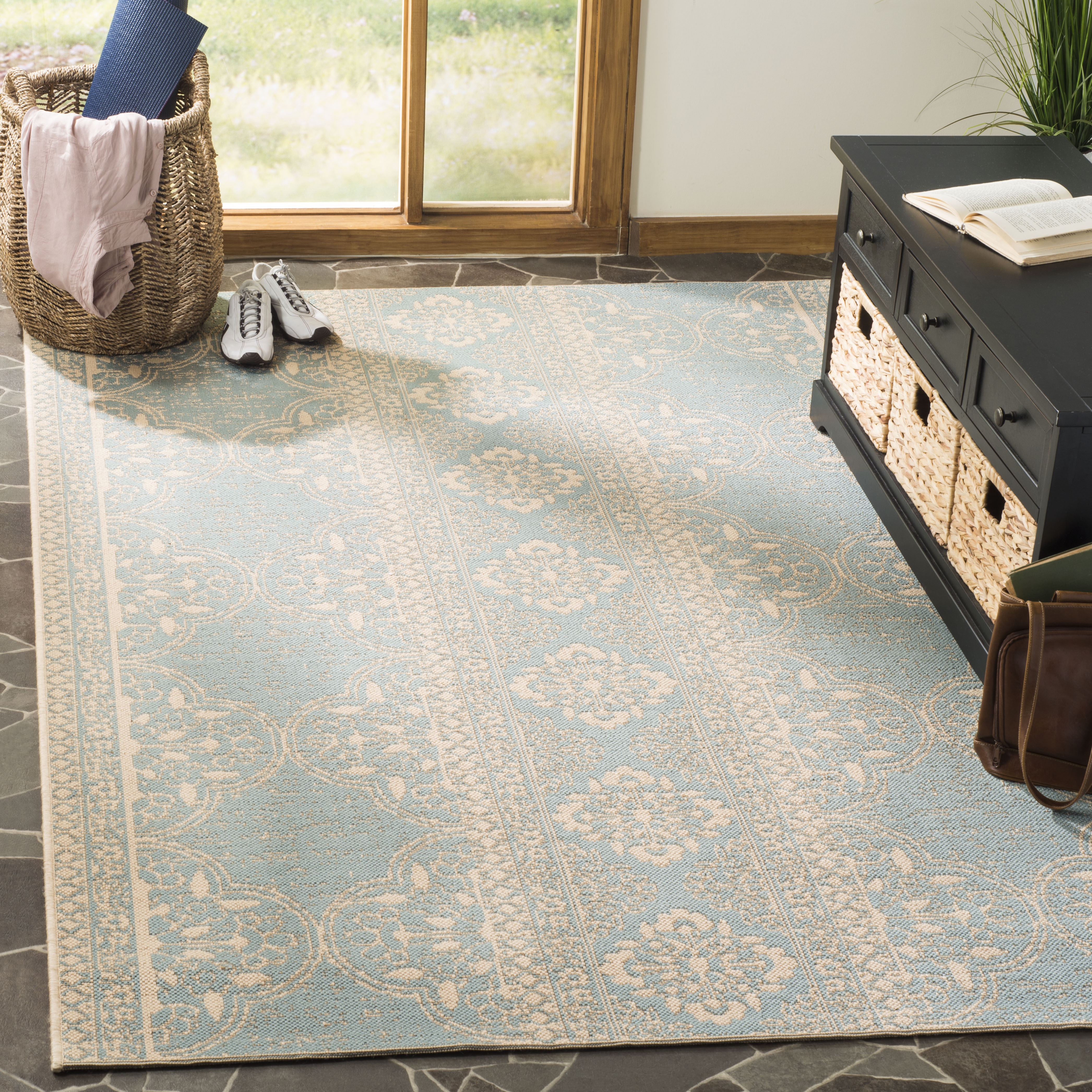 Arlo Home Indoor/Outdoor Woven Area Rug, LND174L, Cream/Aqua,  5' 1" X 7' 6" - Image 1