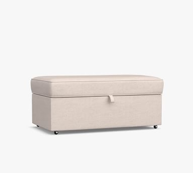 PB Comfort Upholstered Storage Ottoman with Pull Out Table, Box Edge, Polyester Wrapped Cushions, Performance Heathered Basketweave Platinum - Image 1
