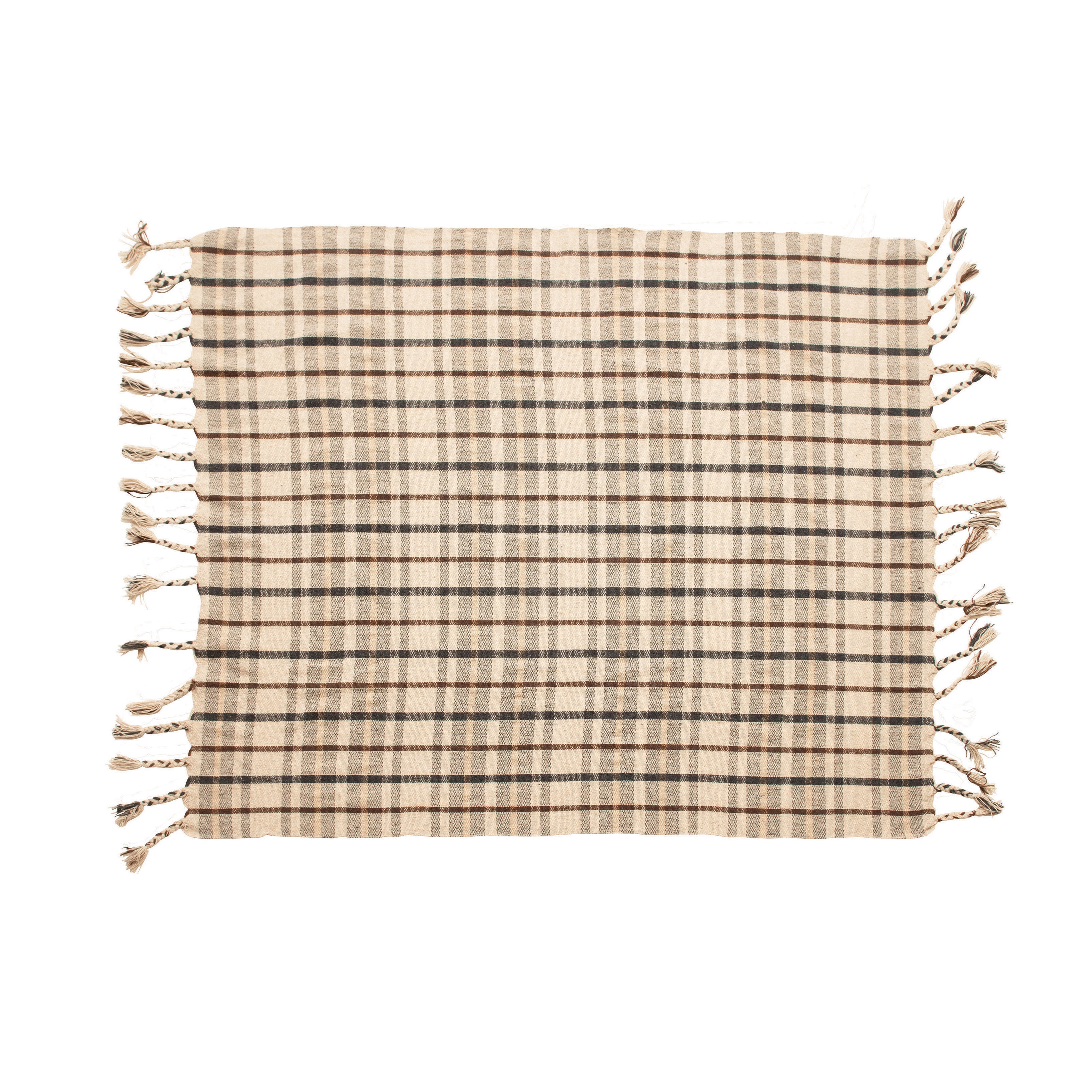 Woven Recycled Cotton Blend Plaid Throw with Tassels, Charcoal Color & Brown - Image 0