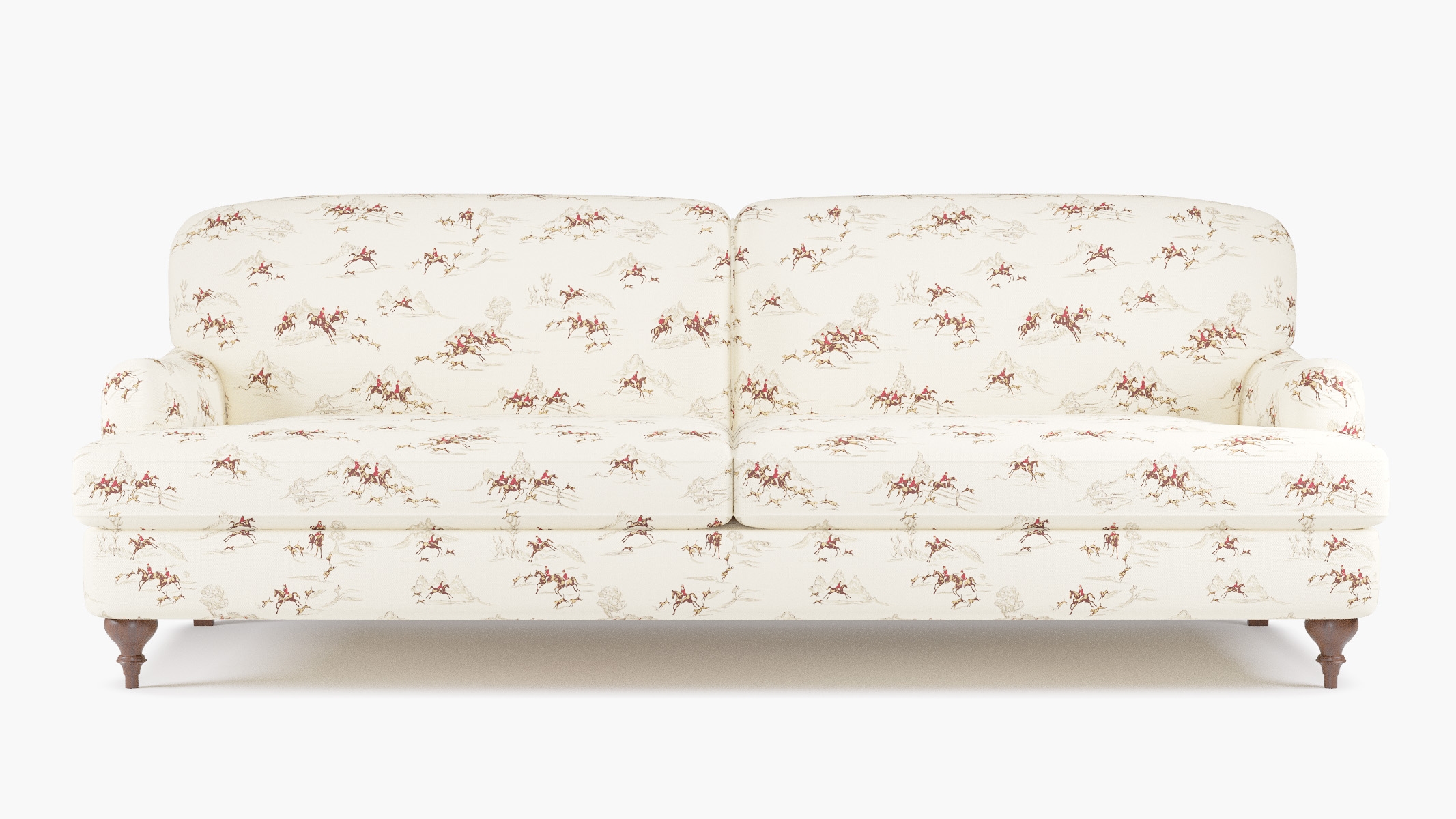 English Roll Arm Sofa, Red Cotswold Hunt, Walnut Turned Wood Leg - Image 0