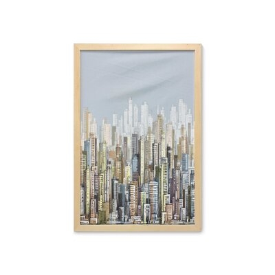 Ambesonne City Wall Art With Frame, Hand Drawn Modern Urban Life Illustration Apartment Buildings Skyscrapers Open Sky, Printed Fabric Poster For Bathroom Living Room Dorms, 23" X 35", Multicolor - Image 0