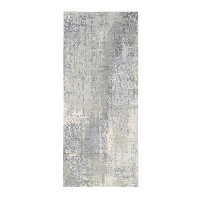 4'1"X9'9" Wool And Silk Abstract With Mosaic Design Gray Hand Knotted Oriental Runner Rug A18DACB6C40F422481892649CFE7051B - Image 0