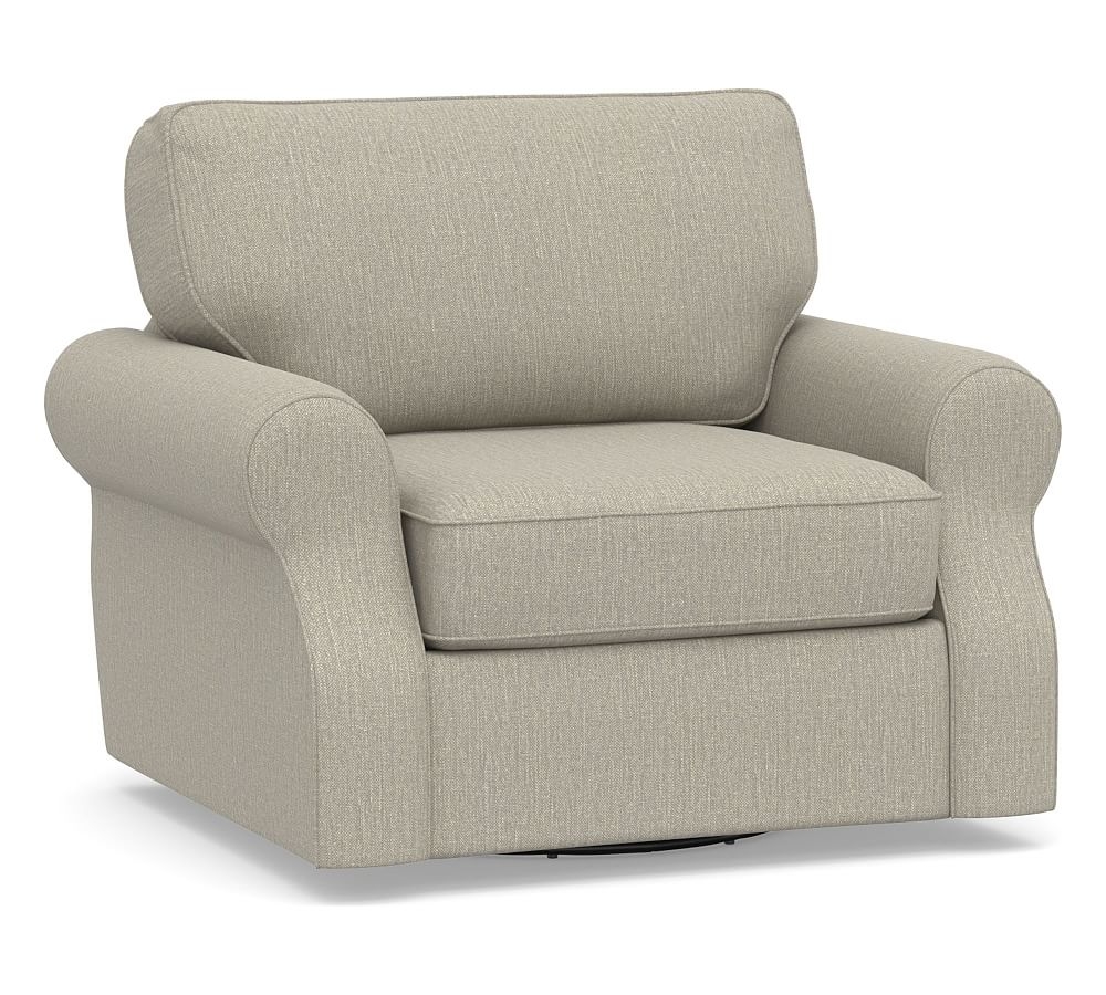 Soma Fremont Roll Arm Upholstered Swivel Armchair, Polyester Wrapped Cushions, Chenille Basketweave Pebble - Image 0