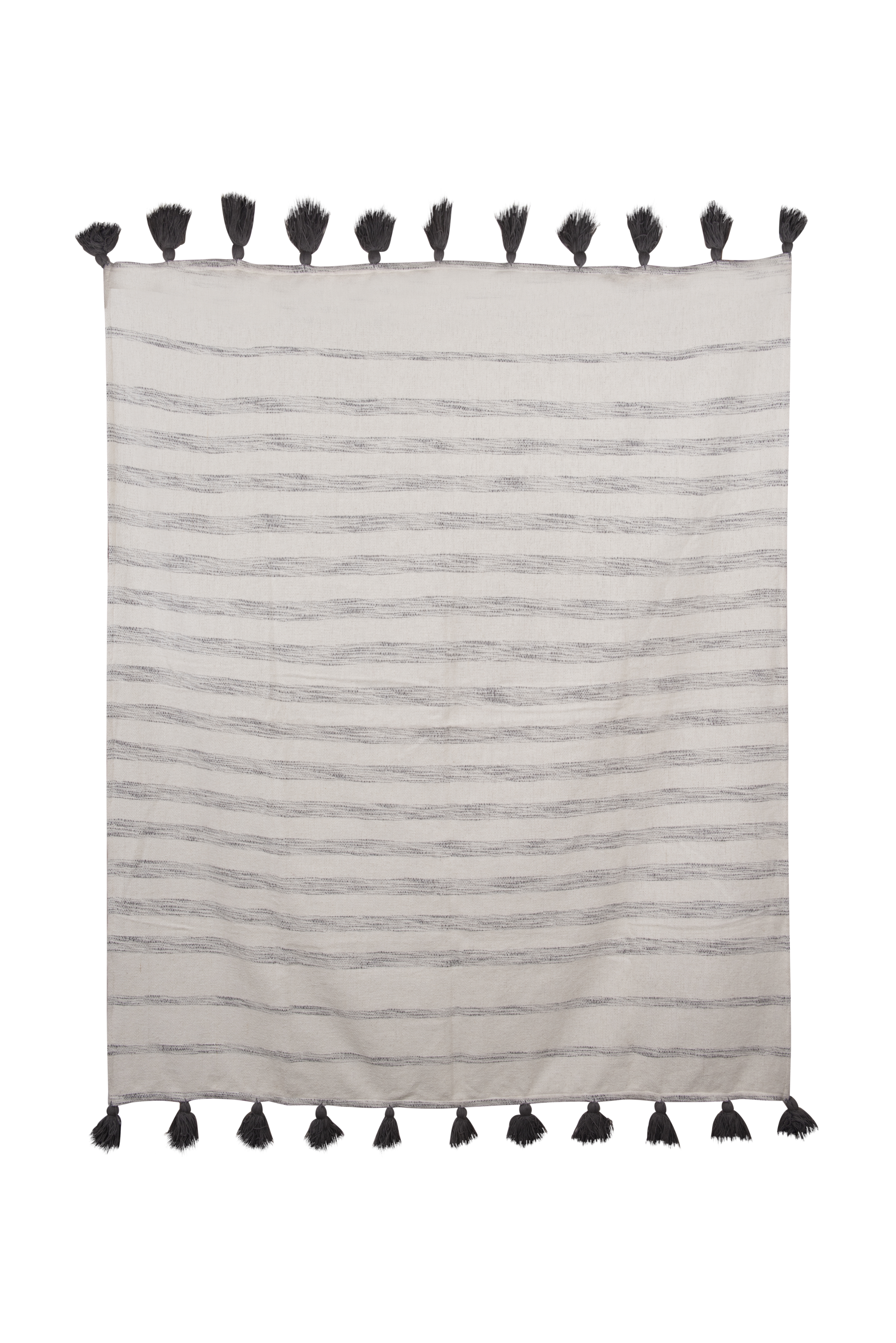 Cream Cotton Woven Throw with Grey Stripes and Tassels - Image 0