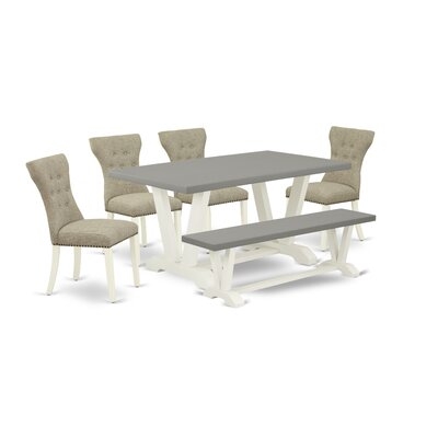 9BD6B2A9E5D94A5BA0460637DD350FC2 6-Pc Dining Set- 4 Parson Chairs With Doeskin Linen Fabric Seat - Dining Table And Dining Bench - Cement And Linen White Finish - Image 0