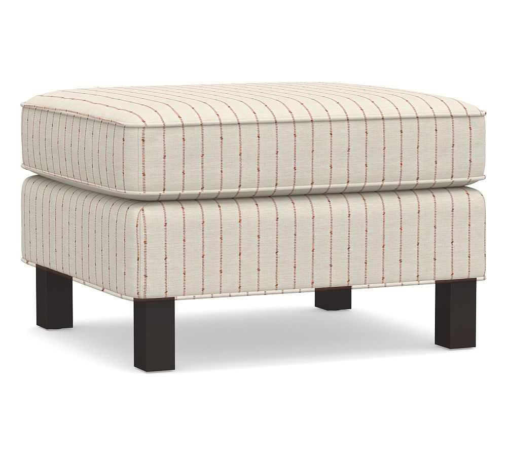 Tyler Upholstered Ottoman without Nailheads, Polyester Wrapped Cushions, Slubby Pinstripe Red - Image 0