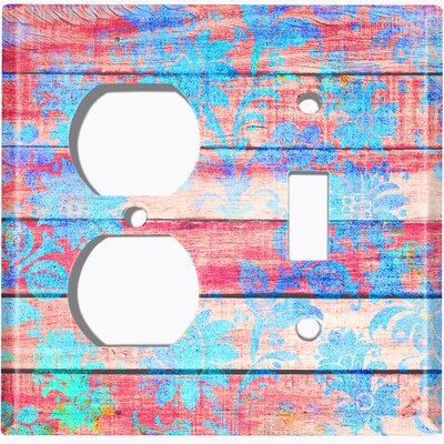 Metal Light Switch Plate Outlet Cover (Red Fence Blue Damask Flower - Single Duplex Single Toggle) - Image 0