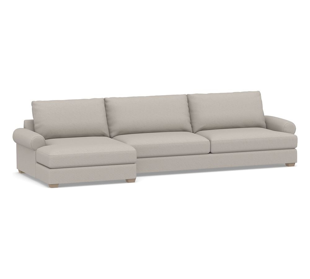 Canyon Roll Arm Upholstered Right Arm Sofa with Double Chaise Sectional, Down Blend Wrapped Cushions, Chunky Basketweave Stone - Image 0