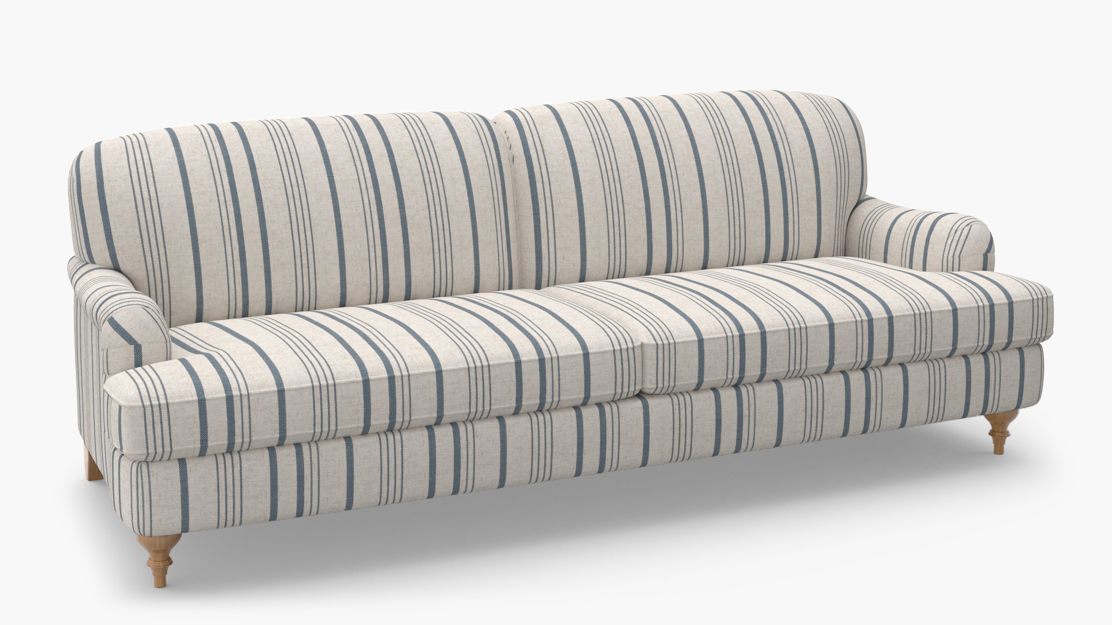 English Roll Arm Sofa, Blue Market Stripe, Natural Turned Wood Leg - Image 1