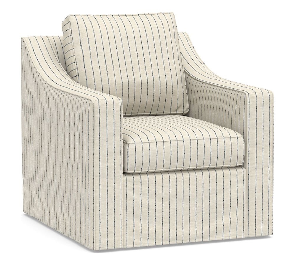 Cameron Slope Arm Slipcovered Deep Seat Swivel Armchair, Polyester Wrapped Cushions, Slubby Pinstripe Blue - Image 0