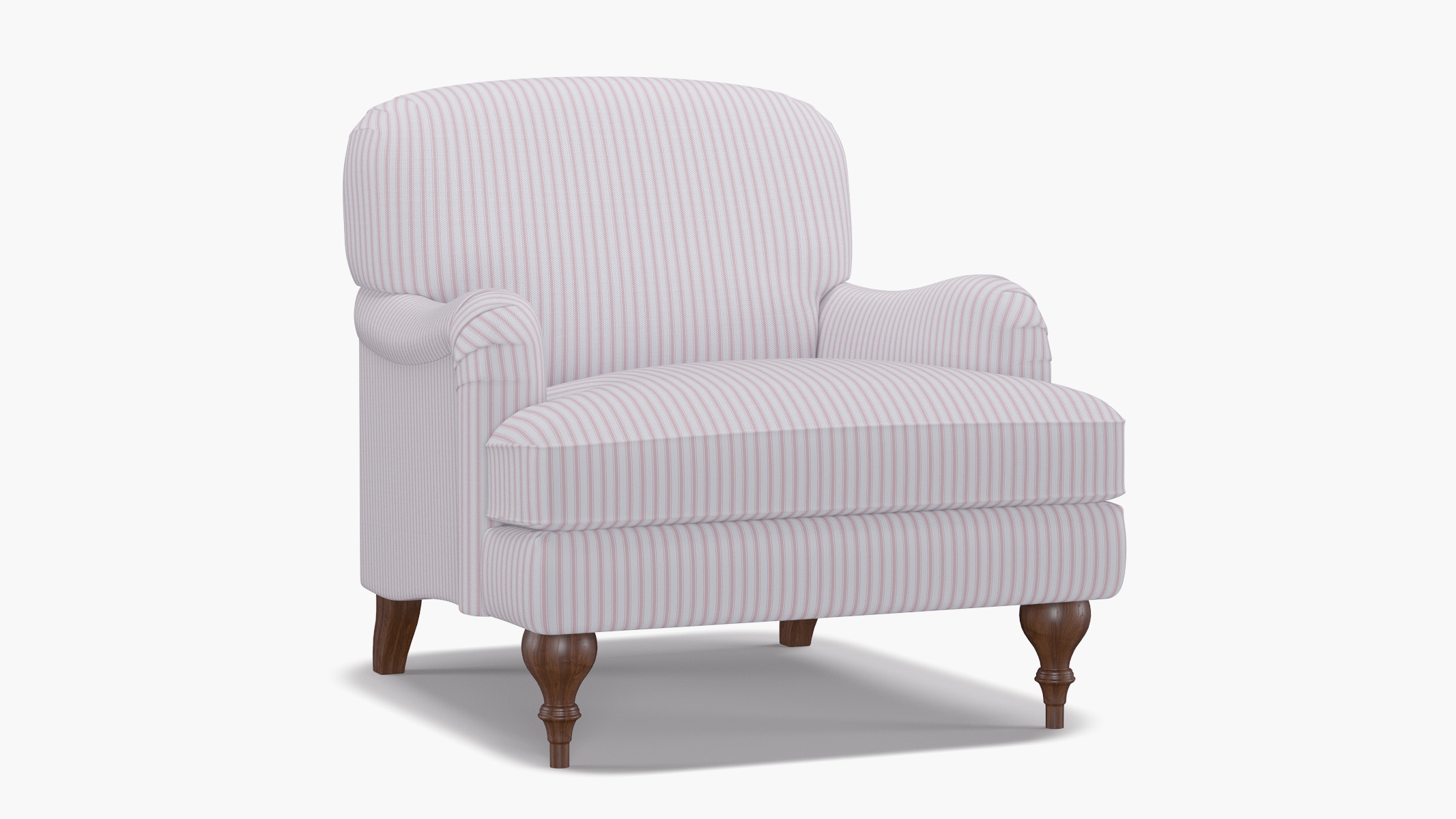 English Roll Arm Chair, Pink Classic Ticking Stripe, Walnut Turned Wood Leg - Image 1