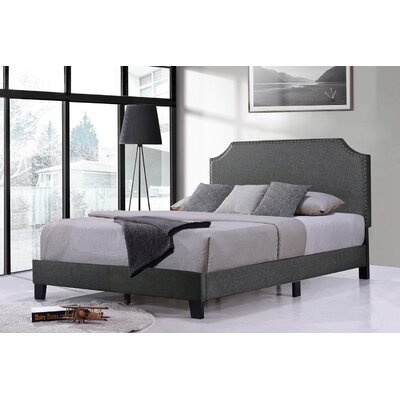 Upholstered Platform Bed Frame With Nailhead Trim Headboard And Wood Slats, Full Size, Dark Grey - Image 0