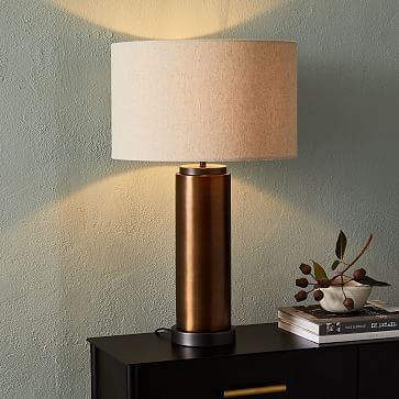 Pillar Table Lamp USB, White Linen, Dark Bronze, Set of 2 - Image 3