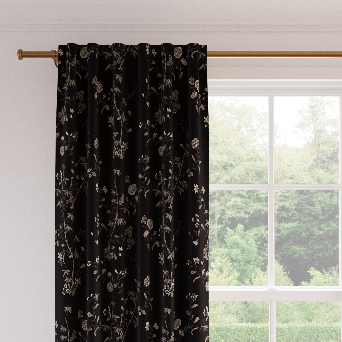 Printed Linen Curtain, Black Bamboo Garden, 50" x 96" - Image 1
