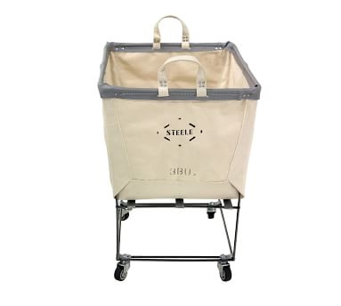 Elevated Canvas Laundry Basket with Wheels and Lid, Small, Natural Canvas/Navy Canvas Trim - Image 3