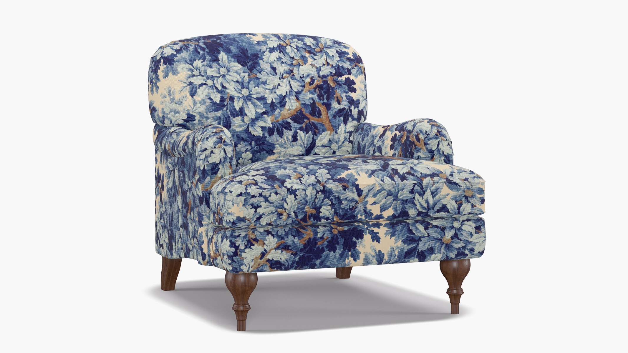 English Roll Arm Chair, Limoges Bois De Chene, Walnut Turned Wood Leg - Image 1