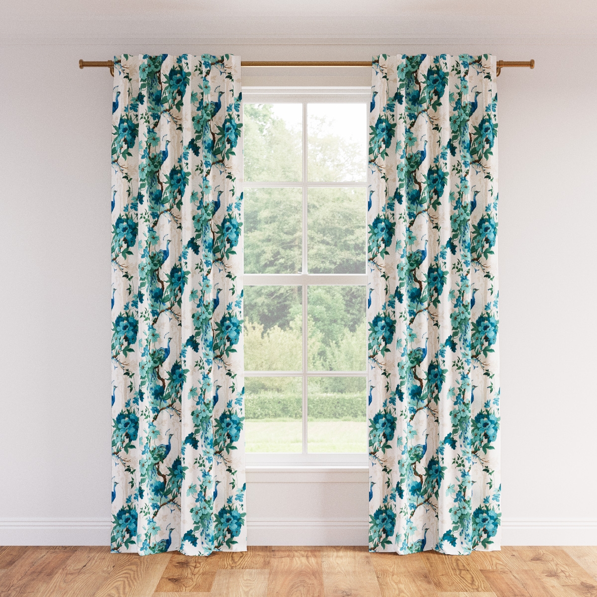 Printed Linen Curtain, Turquoise Peacock Park, 50" x 96", Unlined - Image 0