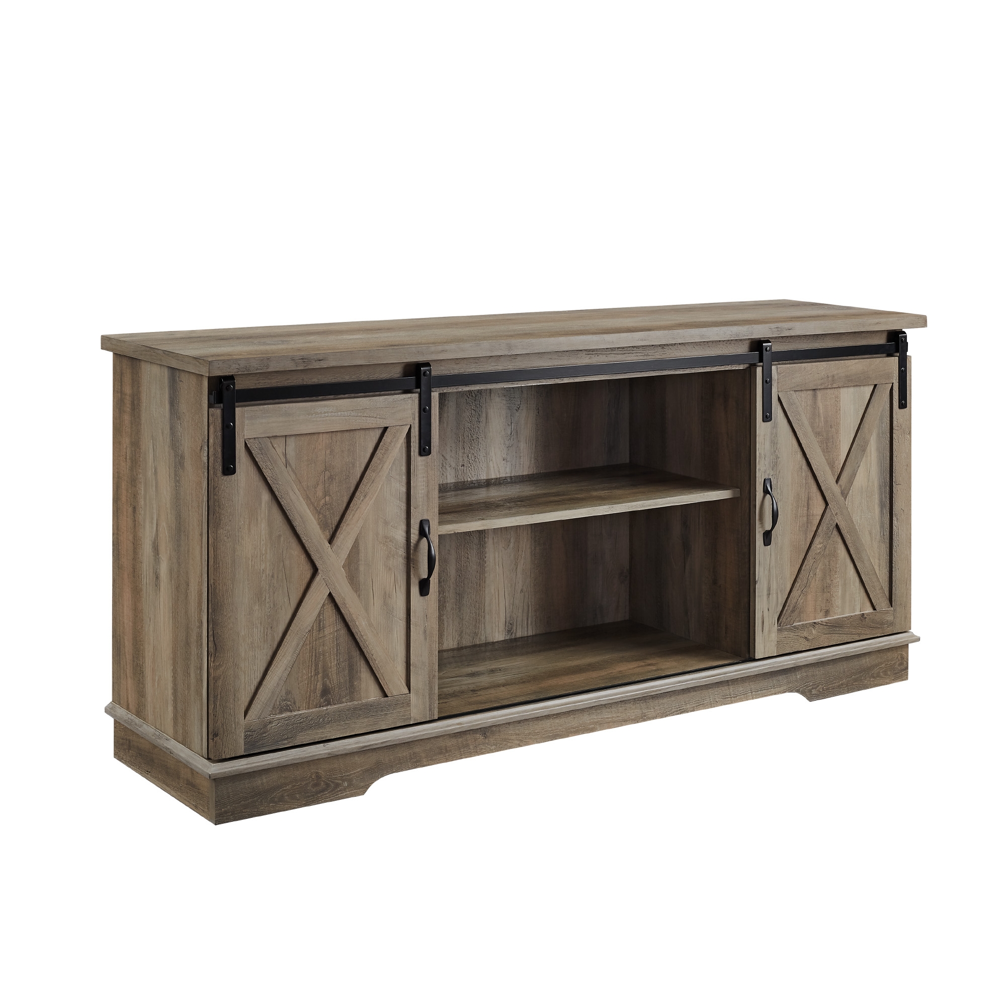58" Sliding Barn Door Modern Farmhouse Wood TV Stand - Grey Wash - Image 0