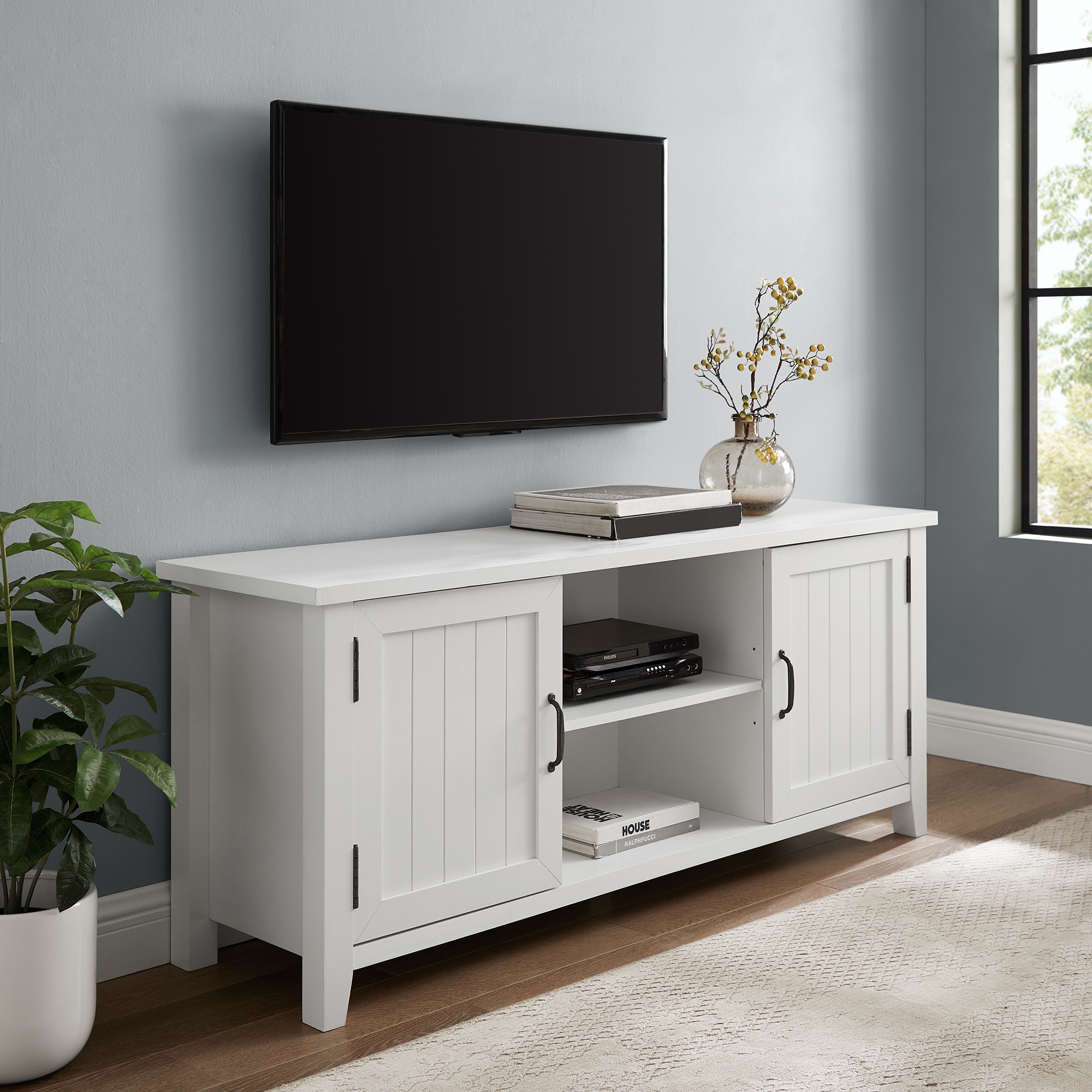 58" Modern Farmhouse Grooved 2 Door TV Stand - Solid White - Image 4