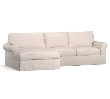PB Comfort Roll Arm Slipcovered Left Arm Loveseat with Double Wide Chaise Sectional, Box Edge, Down Blend Wrapped Cushions, Sunbrella(R) Performance Herringbone Oatmeal - Image 1