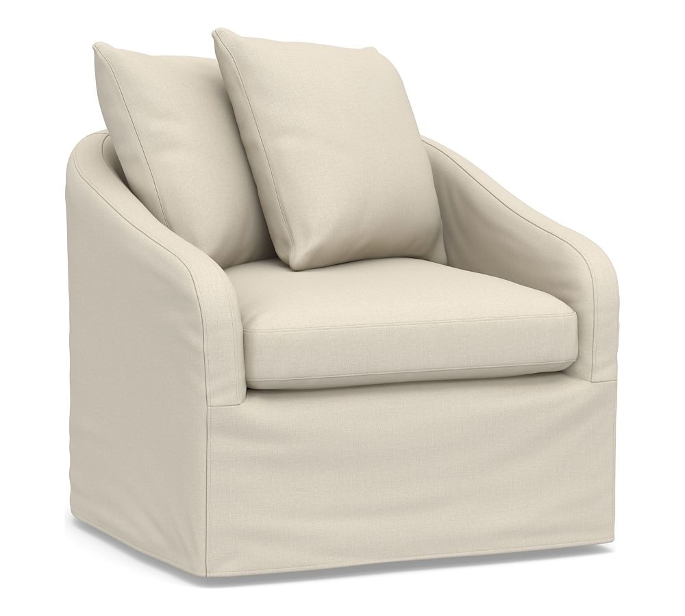 Anniston Slipcovered Swivel Armchair, Down Blend Wrapped Cushions, Performance Brushed Basketweave Ivory - Image 0