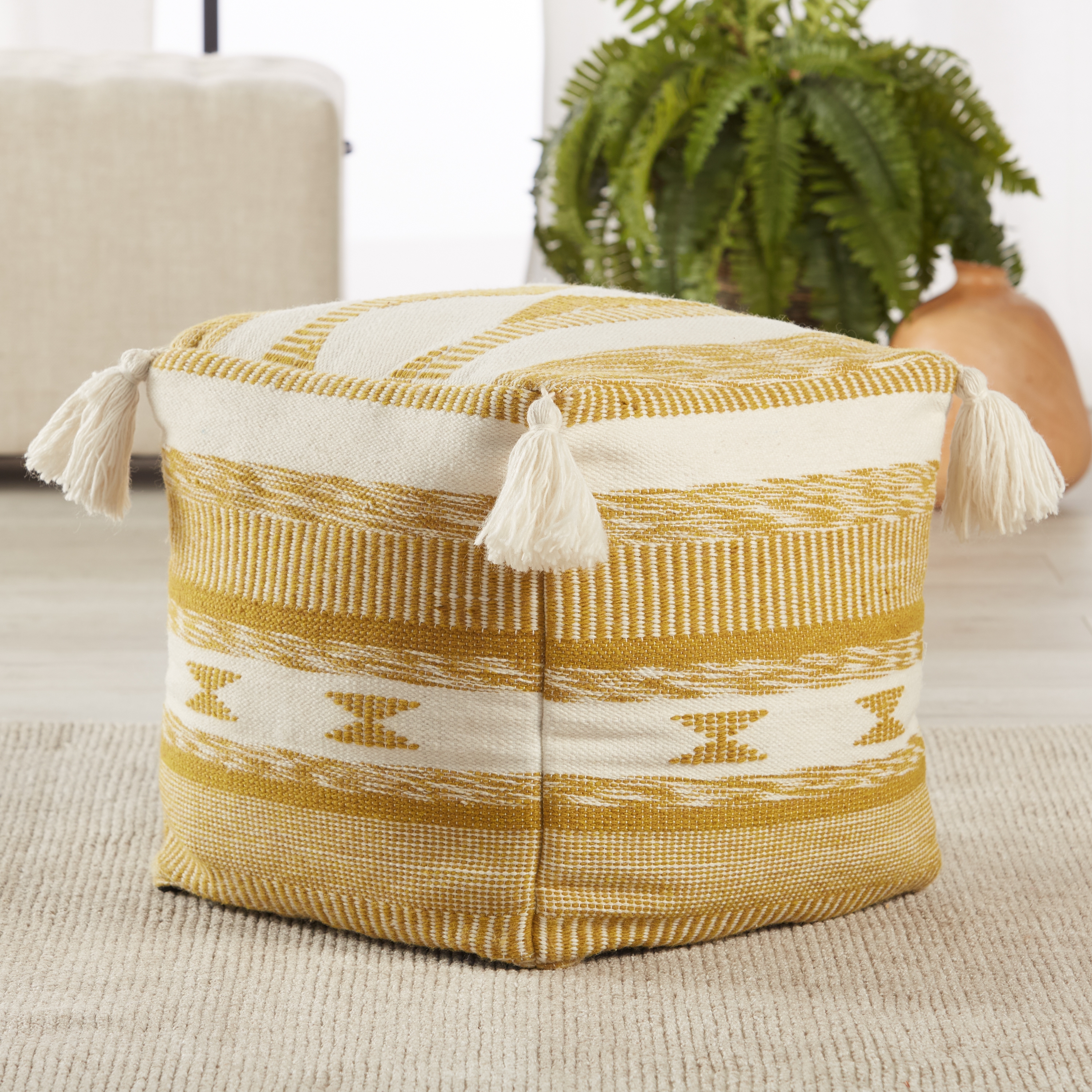 Tedik Indoor/ Outdoor Tribal Gold/ White Cube Pouf - Image 1