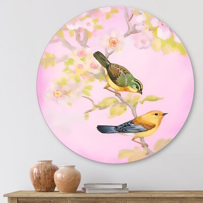 Beautiful Bright Birds On Branch - Traditional Metal Circle Wall Art - Image 0
