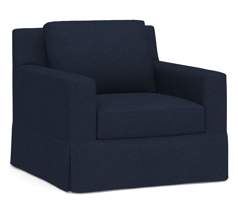 York Square Arm Slipcovered Swivel Armchair, Down Blend Wrapped Cushions, Performance Heathered Basketweave Navy - Image 0
