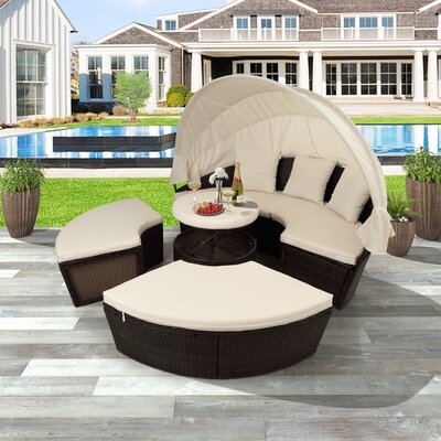 4 Piece Round Outdoor Patio Sectional Sofa Set With Retractable Canopy Patio Rattan Conversation Furniture Set With Fan-Shaped Chairs And Lifting Ottoman Coffee Table Rattan Sunbed - Image 0