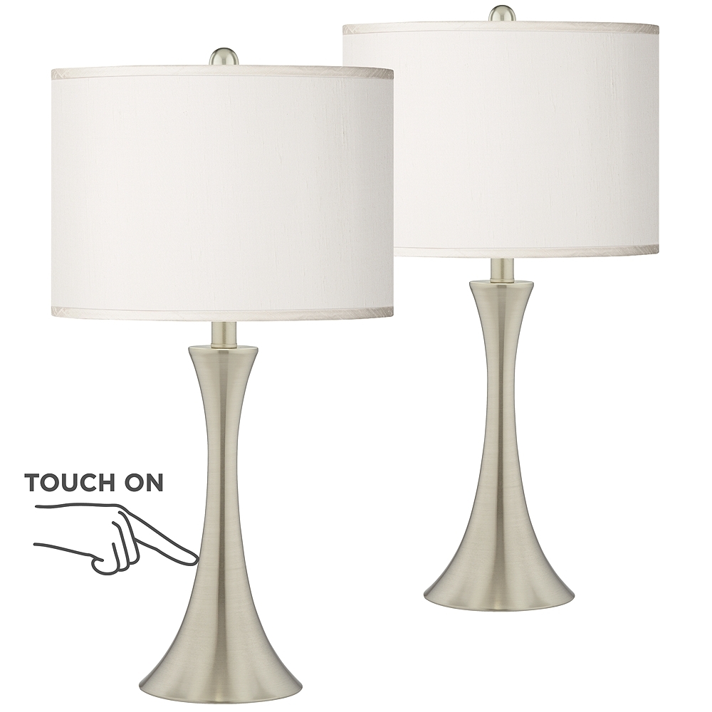 Possini Euro Cream Faux Silk Brushed Nickel Touch Table Lamps Set of 2 - Image 0