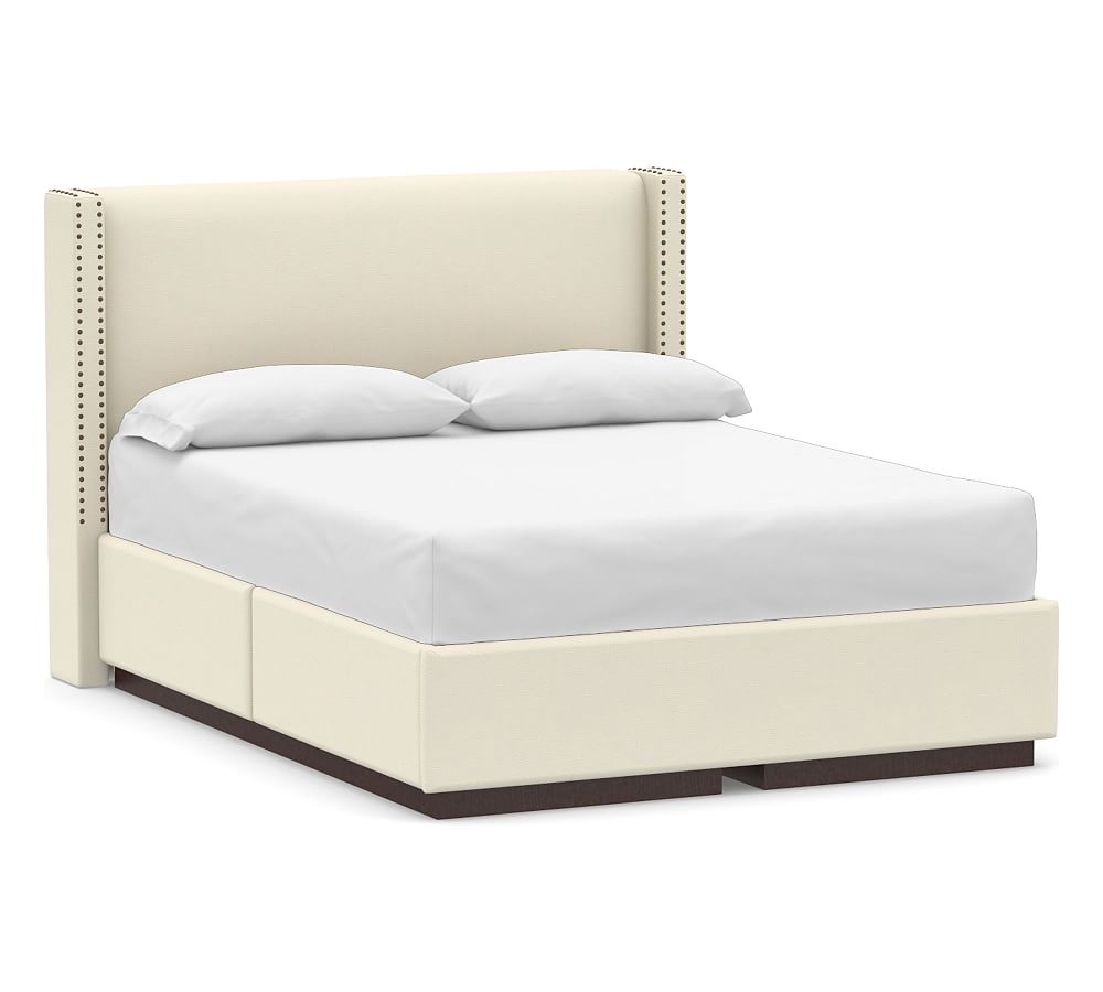 Harper Non-Tufted Upholstered Low Headboard and Side Storage Platform Bed & Bronze Nailheads, Full, Park Weave Ivory - Image 0