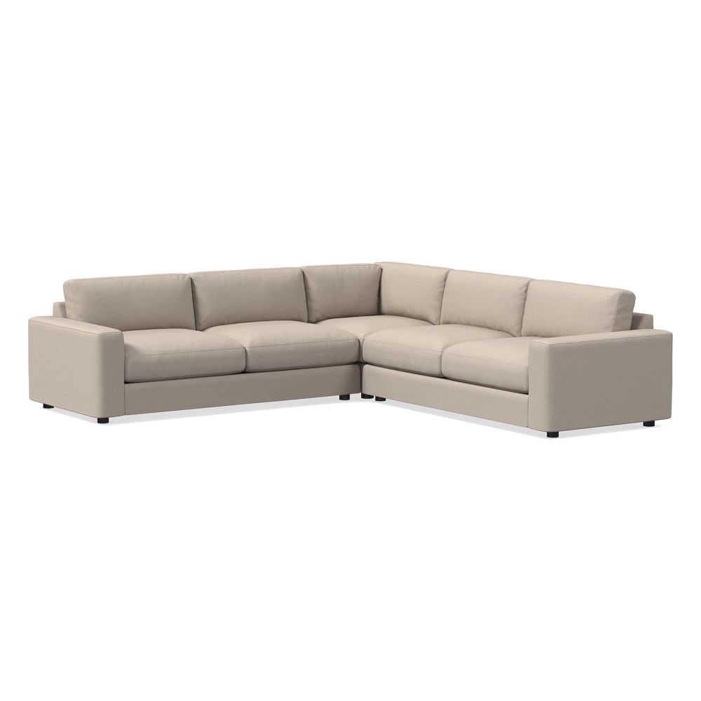 Urban 116" 3-Piece L-Shaped Sectional, Yarn Dyed Linen Weave, Sand, Down Blend Fill - Image 0