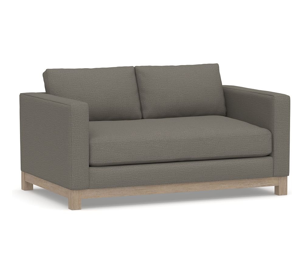 Jake Upholstered Apartment Sofa 63" with Wood Legs, Polyester Wrapped Cushions, Chunky Basketweave Metal - Image 0