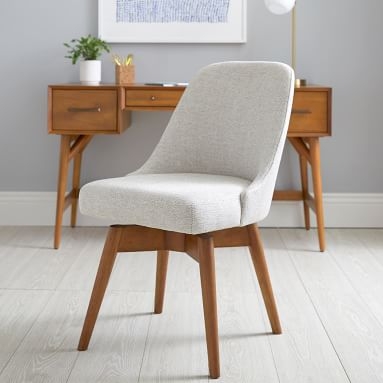west elm x pbt Mid-Century Swivel Desk Chair, Boucle Twill Stone + Pecan Wood Base - Image 1