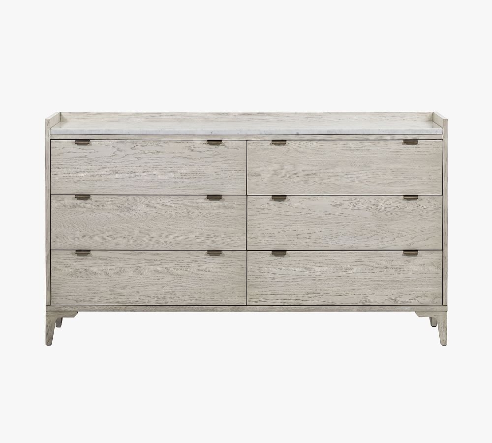 Geary Marble Top 6-Drawer Wide Dresser, Vintage White Oak & White Italian Marble - Image 0