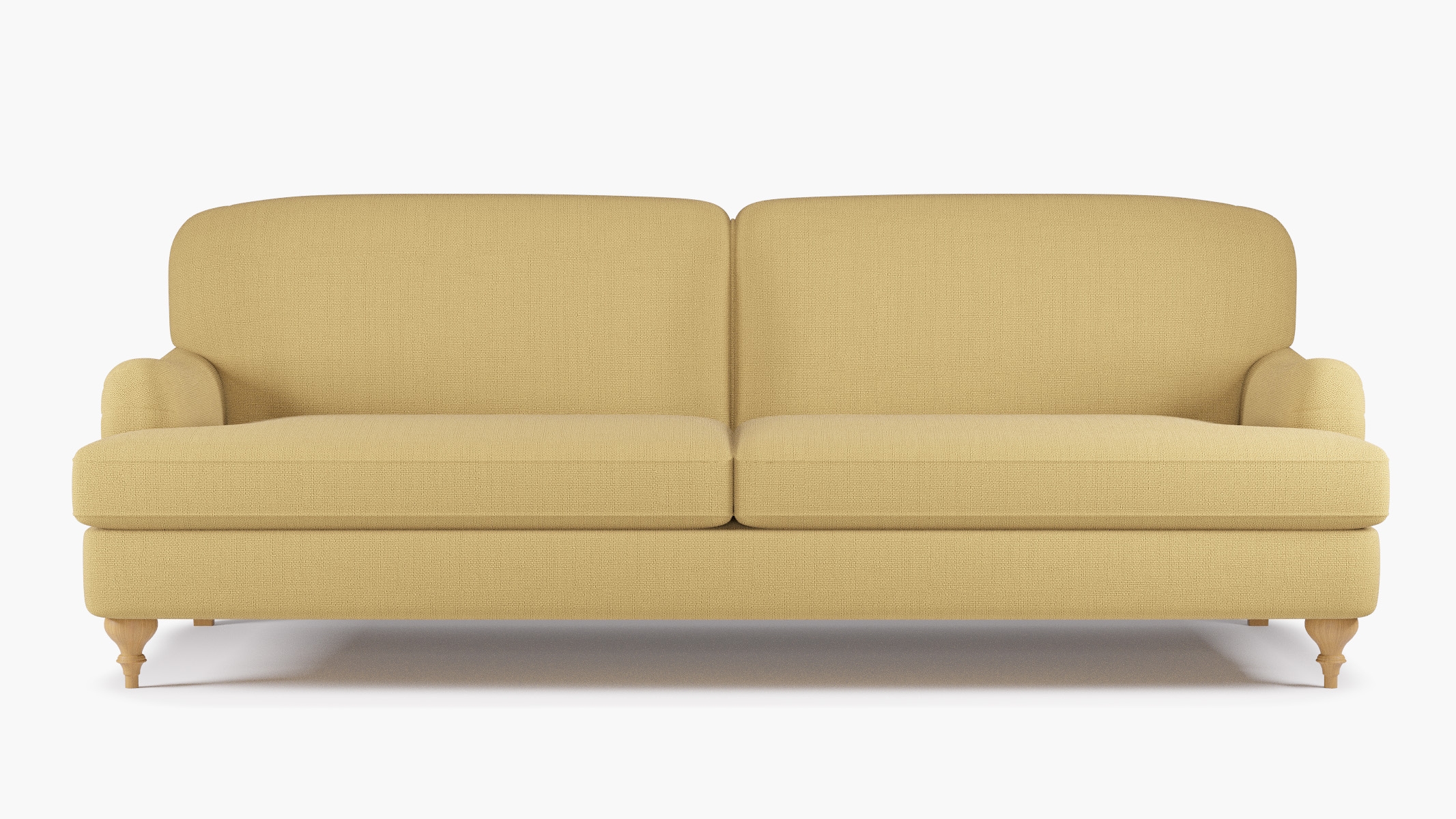 English Roll Arm Sofa, French Yellow Everyday Linen, Natural Turned Wood Leg - Image 0