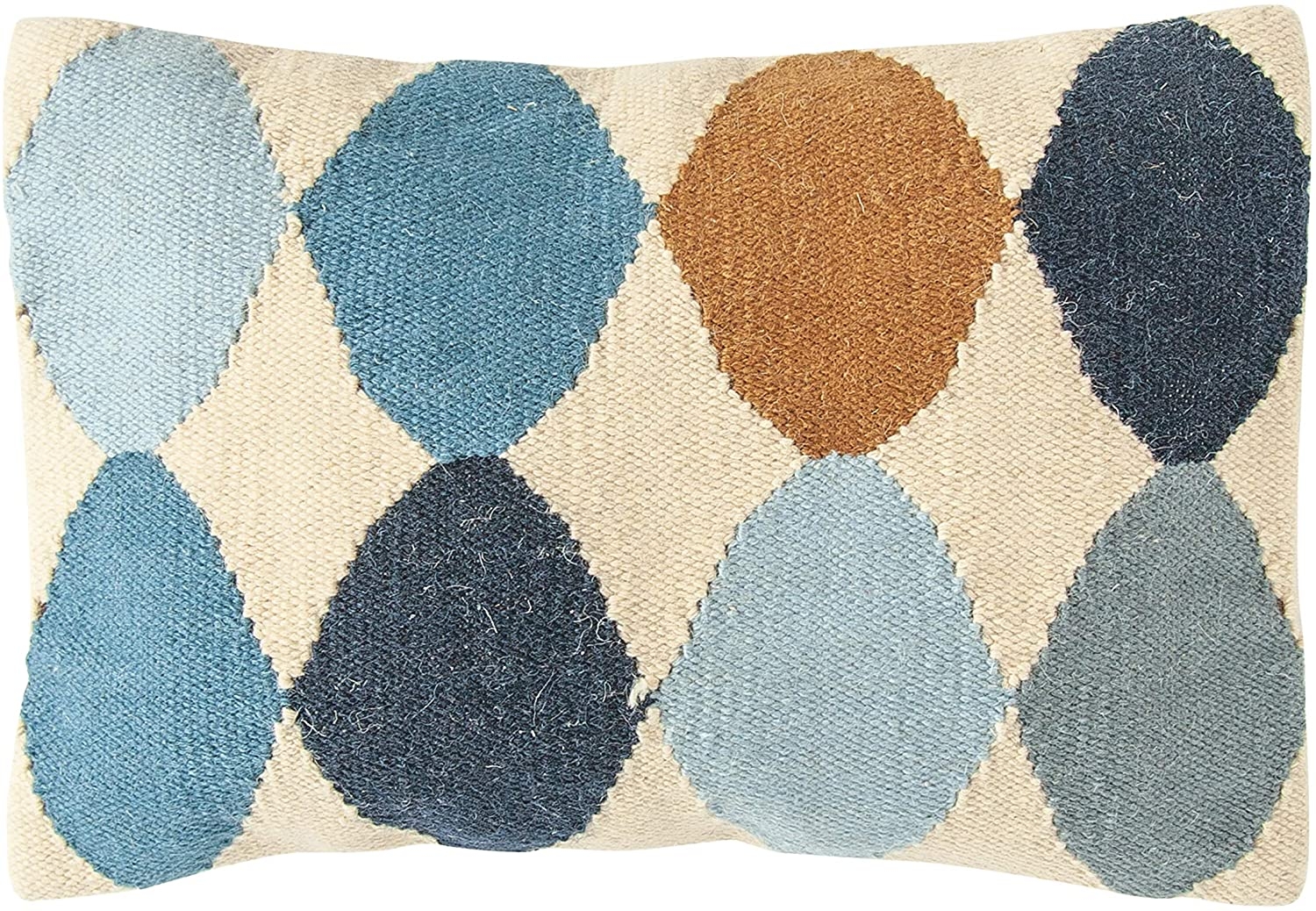 Wool Blend Lumbar Pillow with Pattern, Off-White, Blue & Brown, 26" x 16" - Image 1