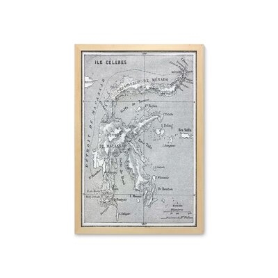 Ambesonne Island Map Wall Art With Frame, Vintage Style French Map Chart Of Sulawesi Island Mediterranean Destination, Printed Fabric Poster For Bathroom Living Room Dorms, 23" X 35", Black And White - Image 0