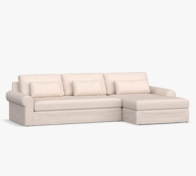 Big Sur Roll Arm Slipcovered Deep Seat Right Arm Grand Sofa with Double Chaise Sectional and Bench Cushion, Down Blend Wrapped Cushions, Park Weave Ash - Image 3