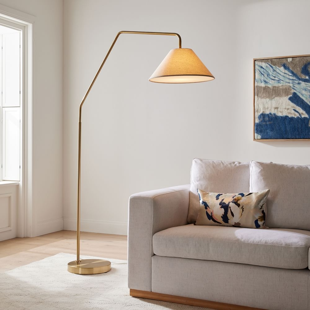 Sculptural Overarching Floor Lamp Antique Brass Natural Linen Tapered Cone (75") - Image 0
